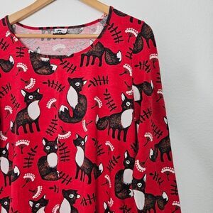 Paapii Red Fox Print Dress, Organic Cotton, Long Sleeve Knee Length, Size XXL